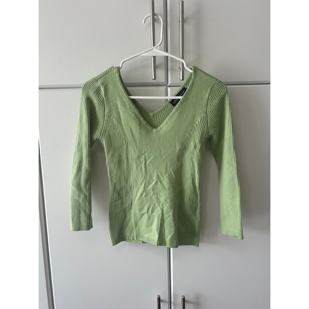 Vintage Takeout Y2K Ribbed V-Neck Sweater Sage Green 3/4 Sleeve Top Medium